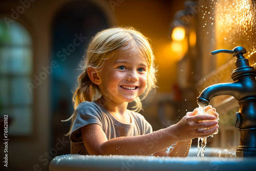 One blond smiling kid girl washing her hands with soap over the sink.