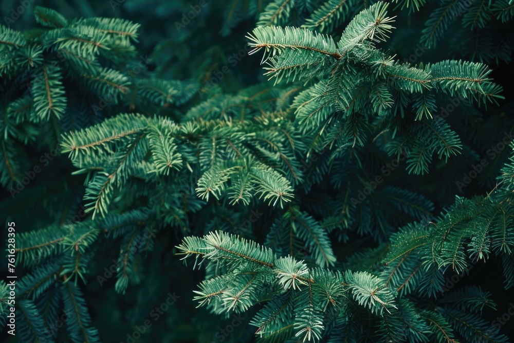 The dense foliage of a spruce or fir tree, representing nature or the environment