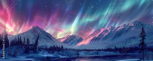 Amazing view of northern lights over snowy mountains and trees in sky