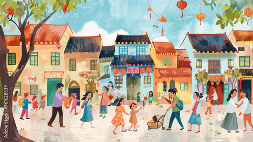 people in harmony street happy in town illustration