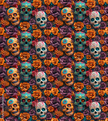Sugar Skulls and Roses seamless pattern