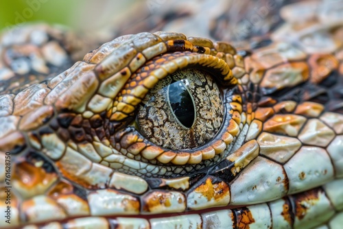 A close-up of a reptile's eye, showcasing the rich texture and color of its scales and the sharp focus on its piercing gaze