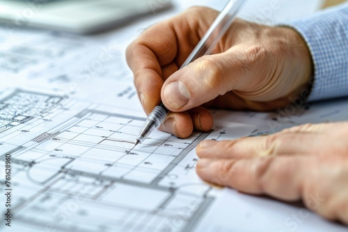 a person's hand holding a pen, poised over architectural or technical drawings, suggesting work on a design or planning project