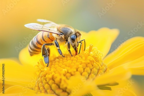 a close-up of a bee on a yellow flower, possibly collecting nectar or pollen, with a softly blurred background that draws attention to the details of the bee and the flower's center