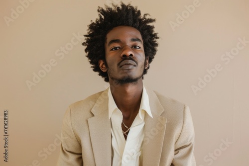 a man with a natural afro hairstyle and a neutral facial expression is dressed in a beige blazer over a light-colored shirt, posed against a simple background © romanets_v