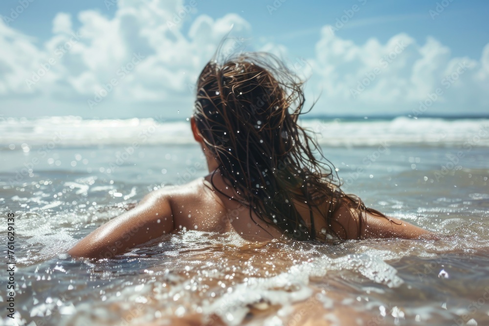 Naklejka premium a person lying on the beach from the back, with sandy, wet hair and skin, suggesting relaxation and enjoyment of a sunny beach day