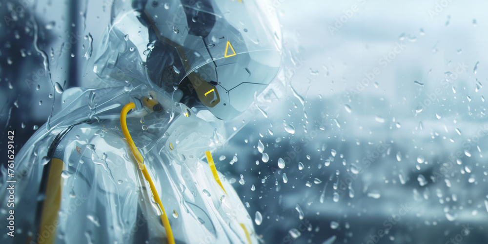 White robot in a transparent raincoat stands in the rain. - obrazy, fototapety, plakaty 