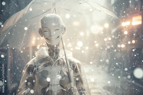 Smiling cyborg man with an umbrella in the rain. Cyberpunk concept.