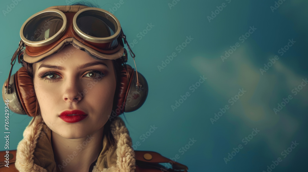 Naklejka premium Beautiful woman retro pilot with free space , copy space.