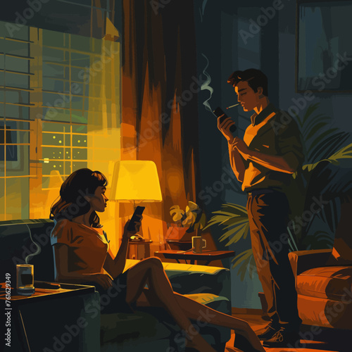Illustration of Couple with Man Smoke