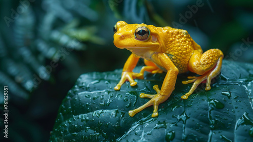 A luminous golden frog stands out against the dark green leaves of a rainforest, highlighted by water droplets. © khonkangrua