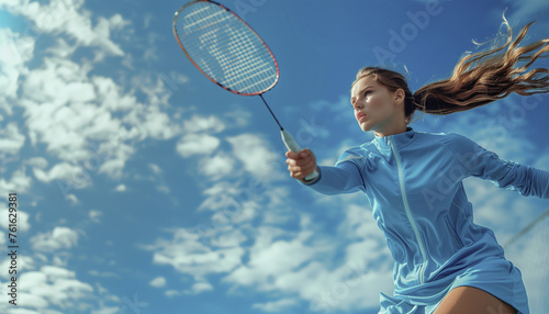 A young female badminton player is swinging her racket, high speed action pose, blue sky background