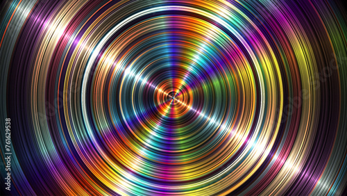 Colorful anisotropic circular surface background. Abstract concentric brushed steel or aluminium plate for creative geometric cover, flyer, poster. Round scratched shiny disc. Vector illustration