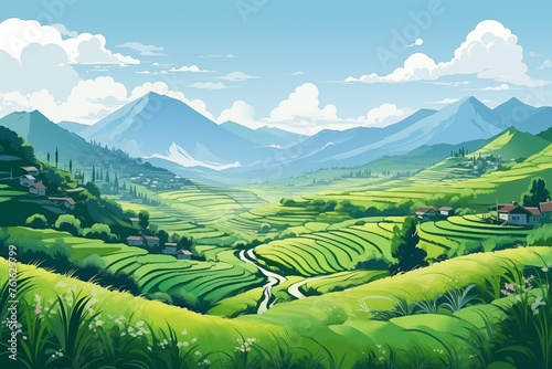 Cartoon asian rice field terraces. Paddy plantation  cascades farm in mountains of Asia  meadow green grass landscape scenery view. Modern flat illustration