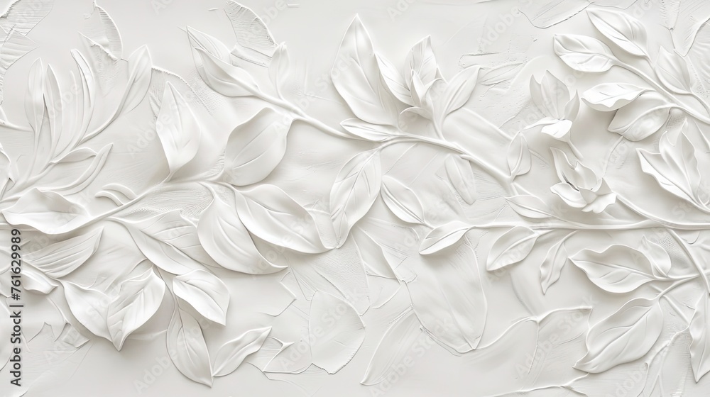 a white, simple modern design with subtle, minimalist botanical relief in a textured art piece made of plaster, forming a seamless pattern. SEAMLESS PATTERN a white, simple modern design with subtle, minimalist botanical relief in a textured art piece made of plaster, forming a seamless pattern. SEAMLESS PATTERN
