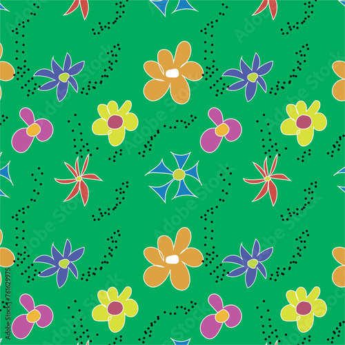 A set of fun and primitive flower designs. Seamless color pattern on a green background. Creative collection of abstract art for kids or holiday design. Simple children's drawings with a textured prin