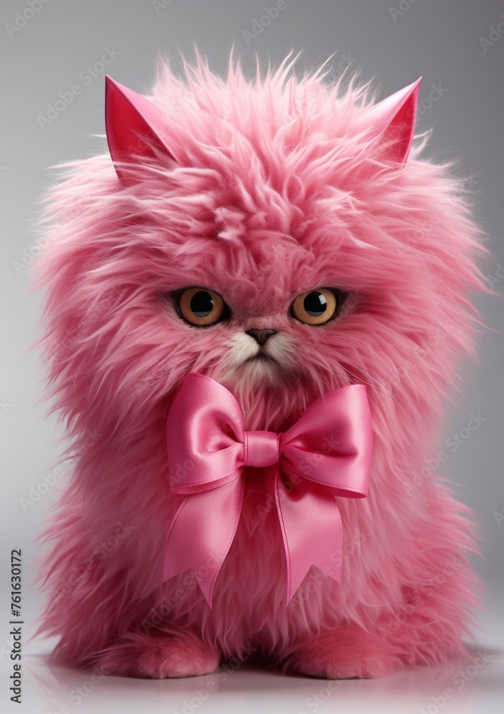 Pink Fluffy Cat With Bow