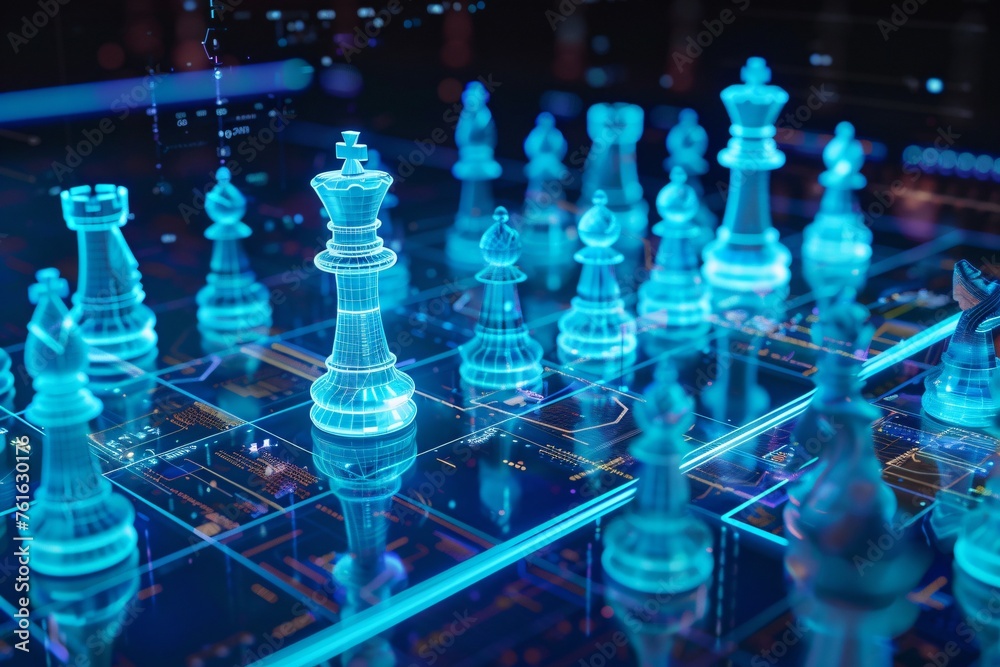 Blue holographic chessboard facing an AI opponent a battle of wits against a backdrop of advanced computation - obrazy, fototapety, plakaty 