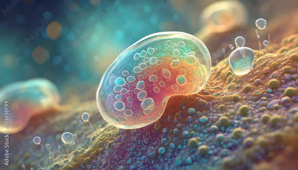Obraz premium Close-up of abstract microscopic amoebas. 3D rendering. Scientific background. For medical banner or poster.