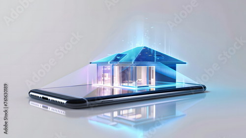 A phone with a holographic light display lighting out from phone, projection of house. 3D rendering of a smart home with a smart phone.	