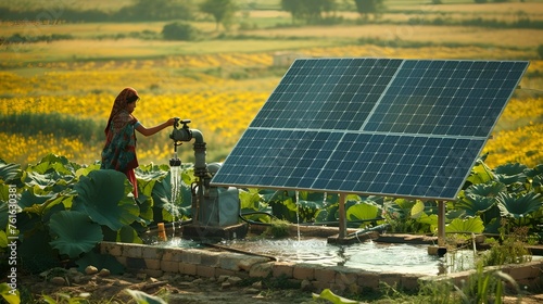 Indian Woman Using Solar-Powered Water Pump to Irrigate Lush Green Field Full of Yellow Flowers photo