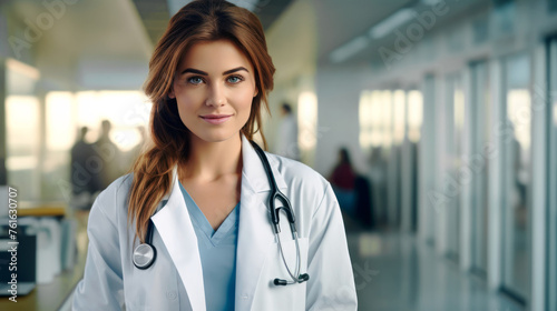 Portrait of a female doctor with a stethoscope in a modern hospital. Medicine and healthcare concept. Banner