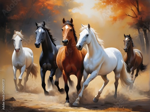Digital painting group of horses. Generative AI © Carlos