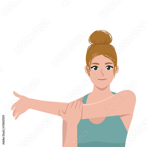 Young blonde woman stretching posture for aches treatment at shoulder. Flat Vector Illustration Isolated on White Background