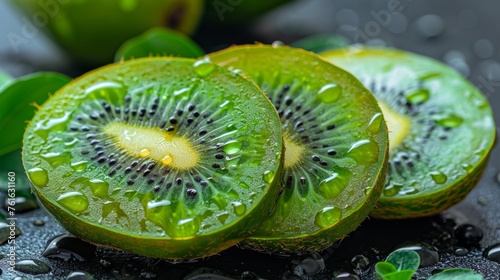  a close up of sliced kiwi fruit with water droplets on the leaves and water droplets on the ground around it.