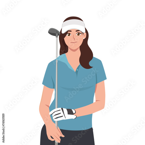 Young Beautiful female golfer with golf club wearing hat. Flat Vector Illustration Isolated on White Background