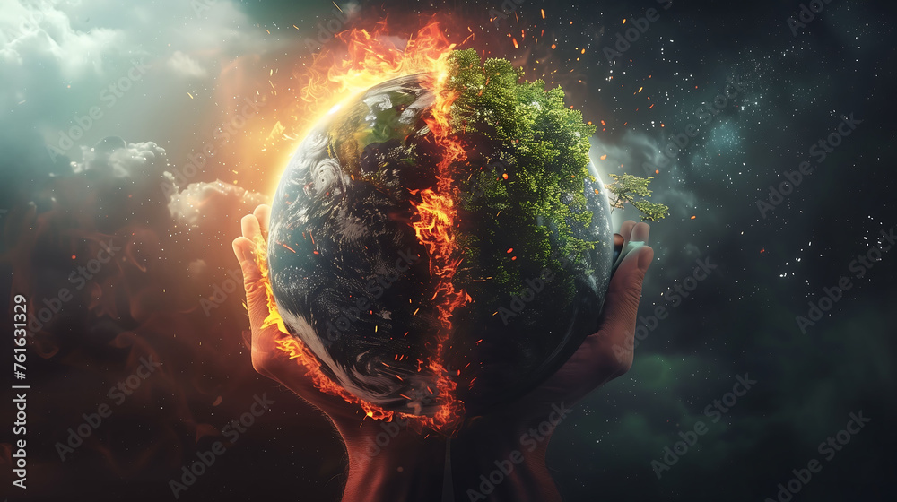 Planet Earth burning, the end of the world, global warming, climate change concept, wallpaper, banner, background - obrazy, fototapety, plakaty 