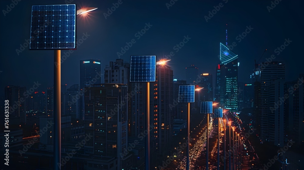 Solar Cell Street Lights Powering a Futuristic Cityscape at Night