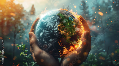 Fototapeta Naklejka Na Ścianę i Meble -  Planet Earth burning, the end of the world, global warming, climate change concept, wallpaper, banner, background