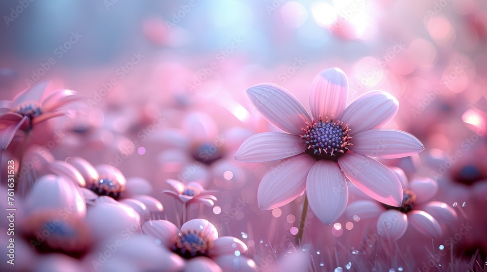 a close up of a pink flower in a field of flowers with drops of water on the petals and a blurry background. a close up of a pink flower in a field of flowers with drops of water on the petals and a blurry background.