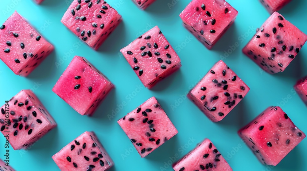  watermelon cubes with black seeds on a blue background with a blue background and a blue background with black dots.