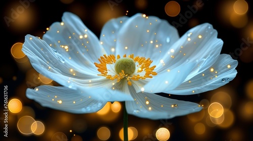  a large white flower with yellow stamens on a black background with boket lights in the background.