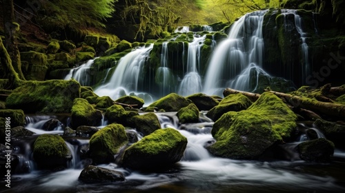 Beautiful pristine waterfall with mossy rocks and sunlight