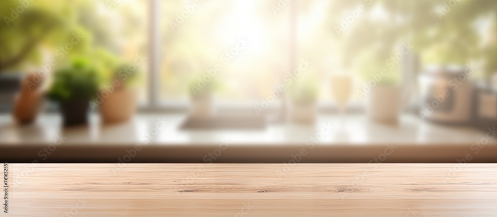 A rectangle hardwood table with wood stain sits on plywood flooring in front of a window overlooking a landscape with potted plants in the background