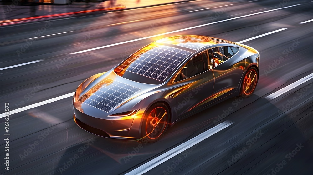 Solar Panels Integrated Electric Car in High-Speed Driving Scene with Sunlight Highlighting its Design