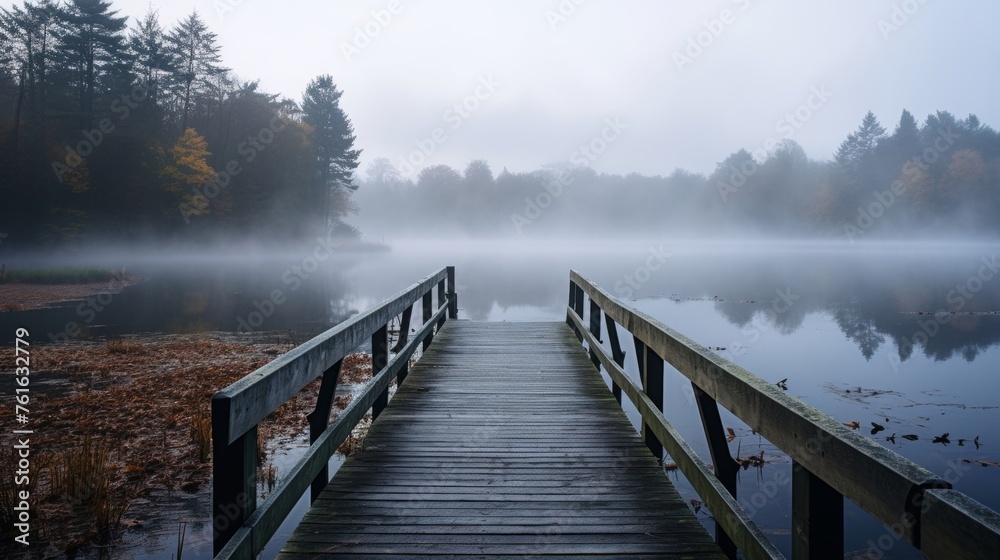 Misty lake with wooden pier in nature