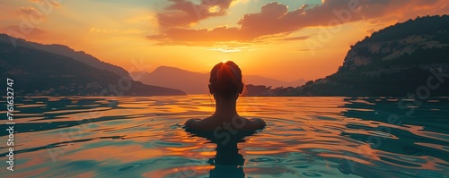 Back view of unrecognizable female silhouette standing in rippling sea water and enjoying sunset over mountains © Coosh448