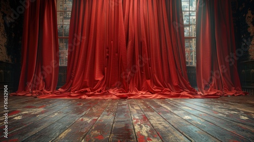 stage with red curtains, thick deep red curtains pleated and closed background with wooden floor, high resolution,