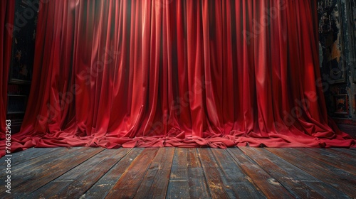 red velvet curtain, thick deep red curtains pleated and closed background with wooden floor, high resolution,
