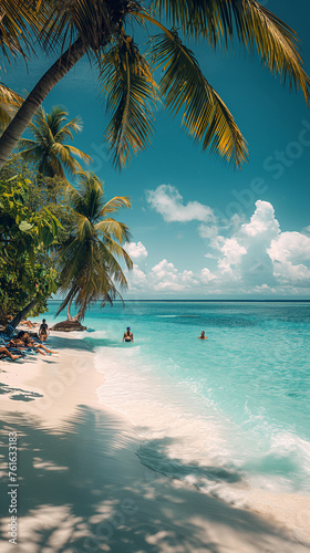 Contradictory space  Monument Valley  depth  a big restaurant  big clear Beach  Maldives  coconut trees  people playing on the beach  lens halo  natural lighting  high saturation  back content 