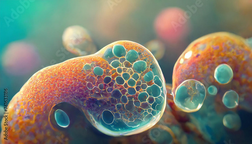 Close-up of abstract microscopic amoebas. 3D rendering. Scientific background. For medical banner or poster.