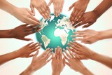 A group of people holding hands around a globe