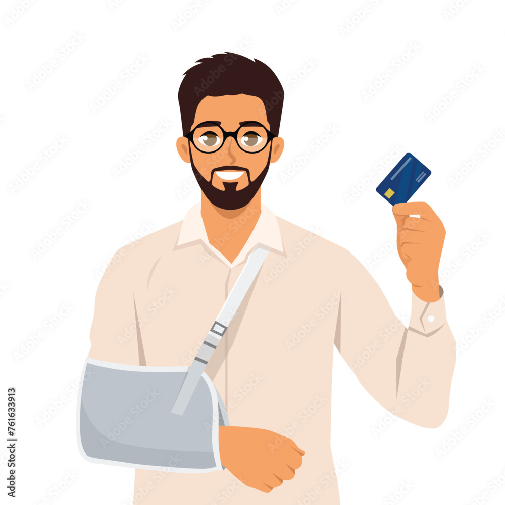 Injury problem concept. Bearded man with broken arm using credit card to cover emergency medical costs. Flat Vector Illustration Isolated on White Background Injury problem concept. Bearded man with broken arm using credit card to cover emergency medical costs. Flat Vector Illustration Isolated on White Background