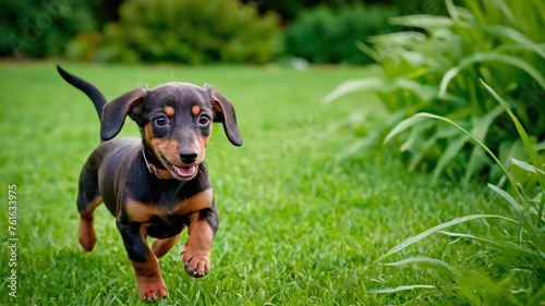 Dachshund puppy running on the grass in the garden.