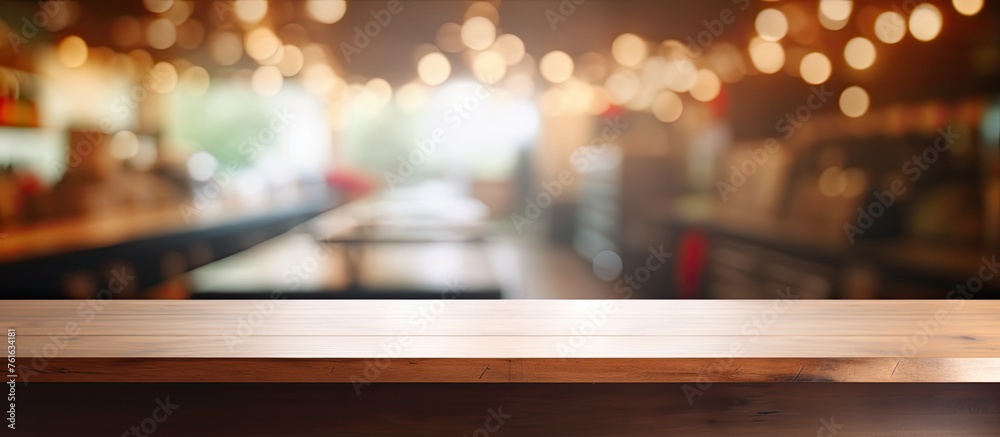 A rectangle wooden table is the highlight in the room, with a blurry restaurant background, creating a fun and entertaining atmosphere for the event