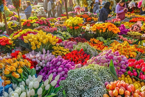 A colorful flower market with many different types of flowers